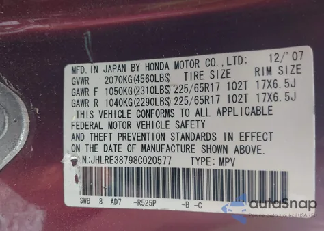 2008 Honda Cr-V Ex-L from USA, damaged, VIN JHLRE38798C020577